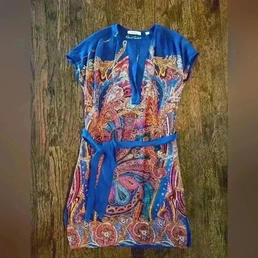 Robert Graham Women’s Silk blend blue pattern belted dress size small EUC - Picture 5 of 6